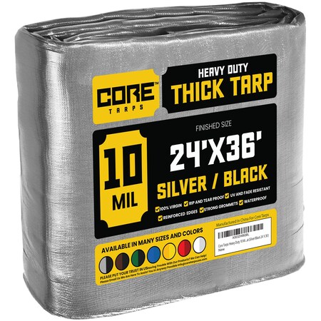 Heavy Duty Tarp, 36 ft L x 0.5 mm H x 24 ft W, 10 Mil, Silver/Black, Polyethylene